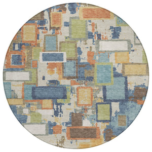 HomeRoots 8' Round Geometric Area Rug in Denim Blue, Copper & Green - Washable, Durable for Indoor/Outdoor Use 640108