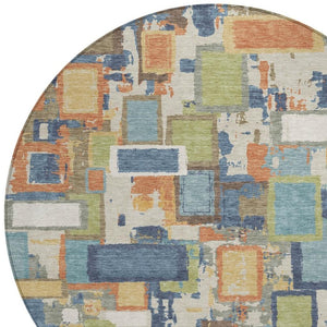 HomeRoots 8' Round Geometric Area Rug in Denim Blue, Copper & Green - Washable, Durable for Indoor/Outdoor Use 640108