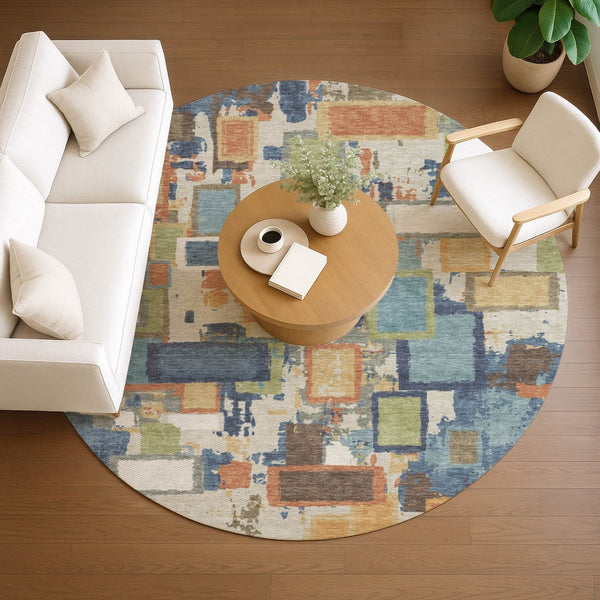 HomeRoots 8' Round Geometric Area Rug in Denim Blue, Copper & Green - Washable, Durable for Indoor/Outdoor Use 640108