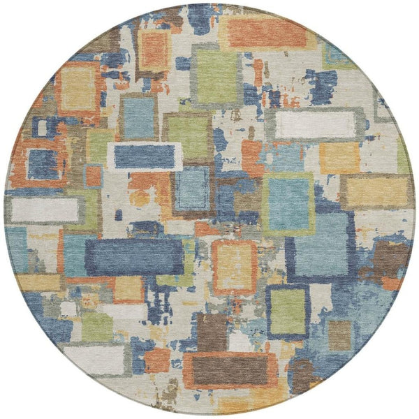 HomeRoots 8' Round Geometric Area Rug in Denim Blue, Copper & Green - Washable, Durable for Indoor/Outdoor Use 640108