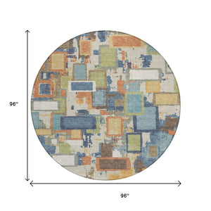 HomeRoots 8' Round Geometric Area Rug in Denim Blue, Copper & Green - Washable, Durable for Indoor/Outdoor Use 640108