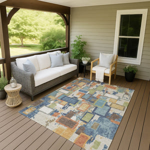 HomeRoots 8' X 10' Stylish Denim Blue, Copper & Green Geometric Washable Rug for Indoor & Outdoor Spaces 640109