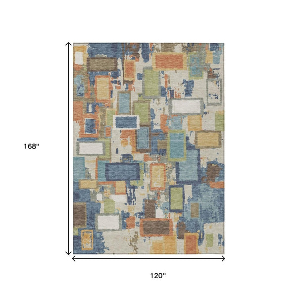 HomeRoots 10' X 14' Denim Blue, Copper & Green Geometric Area Rug - Washable, Durable & Stylish for Indoors/Outdoors 640111