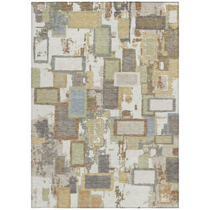 HomeRoots 5' Stylish Ivory Gold and Blue Geometric Indoor/Outdoor Area Rug - Washable, Durable, Versatile Design 640113