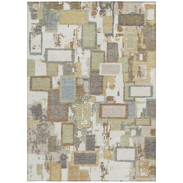 HomeRoots 5' Stylish Ivory Gold and Blue Geometric Indoor/Outdoor Area Rug - Washable, Durable, Versatile Design 640113