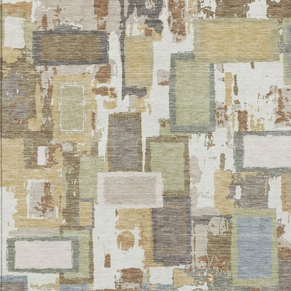 HomeRoots 5' Stylish Ivory Gold and Blue Geometric Indoor/Outdoor Area Rug - Washable, Durable, Versatile Design 640113