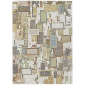 HomeRoots 5' Stylish Ivory Gold and Blue Geometric Indoor/Outdoor Area Rug - Washable, Durable, Versatile Design 640113