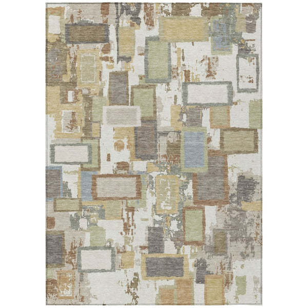 HomeRoots 5' Stylish Ivory Gold and Blue Geometric Indoor/Outdoor Area Rug - Washable, Durable, Versatile Design 640113