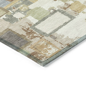 HomeRoots 5' Stylish Ivory Gold and Blue Geometric Indoor/Outdoor Area Rug - Washable, Durable, Versatile Design 640113