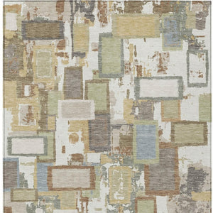 HomeRoots 5' Stylish Ivory Gold and Blue Geometric Indoor/Outdoor Area Rug - Washable, Durable, Versatile Design 640113