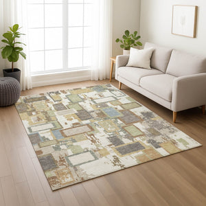 HomeRoots 5' Stylish Ivory Gold and Blue Geometric Indoor/Outdoor Area Rug - Washable, Durable, Versatile Design 640113