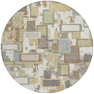 HomeRoots 8' Stylish Ivory Gold and Blue Round Geometric Area Rug - Durable, Washable Design for Indoor & Outdoor 640114