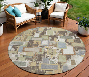 HomeRoots 8' Stylish Ivory Gold and Blue Round Geometric Area Rug - Durable, Washable Design for Indoor & Outdoor 640114