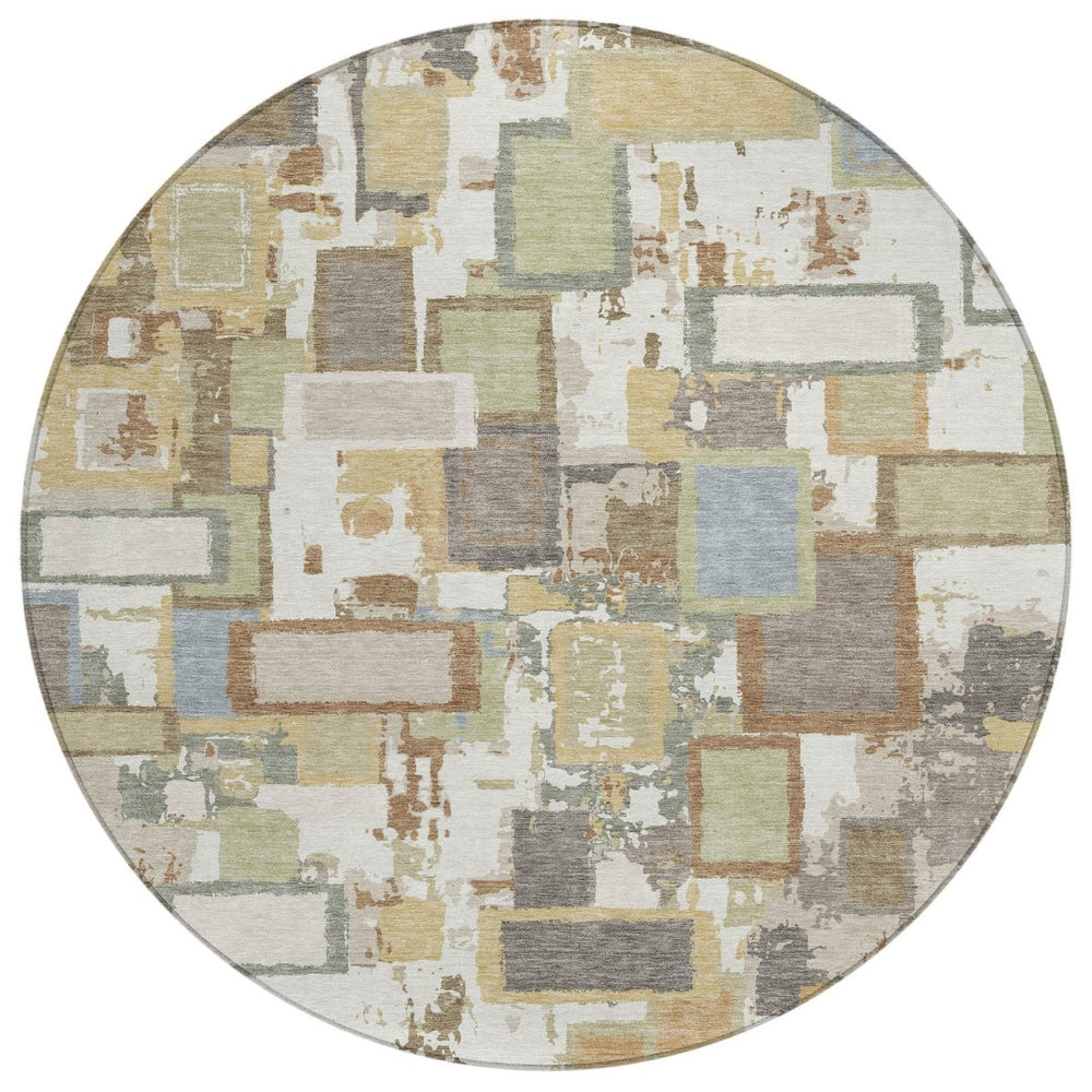 HomeRoots 8' Stylish Ivory Gold and Blue Round Geometric Area Rug - Durable, Washable Design for Indoor & Outdoor 640114