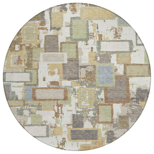 HomeRoots 8' Stylish Ivory Gold and Blue Round Geometric Area Rug - Durable, Washable Design for Indoor & Outdoor 640114