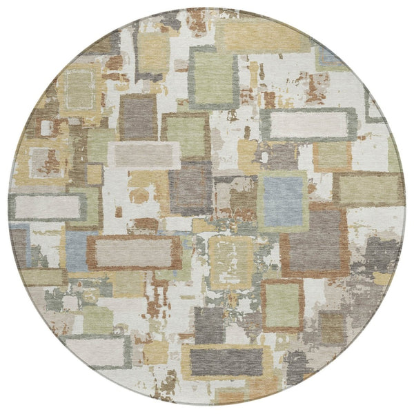 HomeRoots 8' Stylish Ivory Gold and Blue Round Geometric Area Rug - Durable, Washable Design for Indoor & Outdoor 640114
