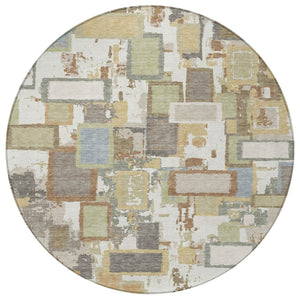 HomeRoots 8' Stylish Ivory Gold and Blue Round Geometric Area Rug - Durable, Washable Design for Indoor & Outdoor 640114
