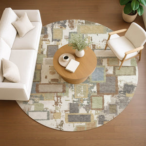 HomeRoots 8' Stylish Ivory Gold and Blue Round Geometric Area Rug - Durable, Washable Design for Indoor & Outdoor 640114