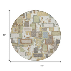 HomeRoots 8' Stylish Ivory Gold and Blue Round Geometric Area Rug - Durable, Washable Design for Indoor & Outdoor 640114