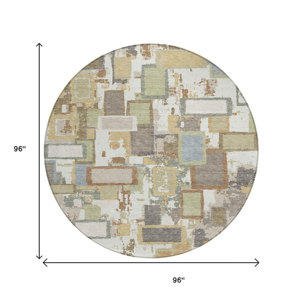 HomeRoots 8' Stylish Ivory Gold and Blue Round Geometric Area Rug - Durable, Washable Design for Indoor & Outdoor 640114