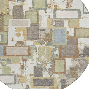 HomeRoots 8' Stylish Ivory Gold and Blue Round Geometric Area Rug - Durable, Washable Design for Indoor & Outdoor 640114