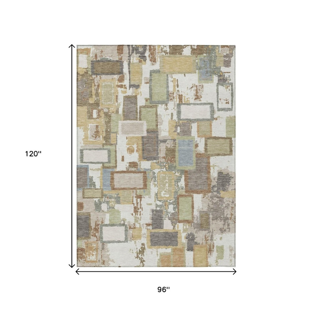 HomeRoots 8' X 10' Geometric Area Rug in Ivory, Gold, and Blue - Washable, Durable for Indoor/Outdoor Use 640115
