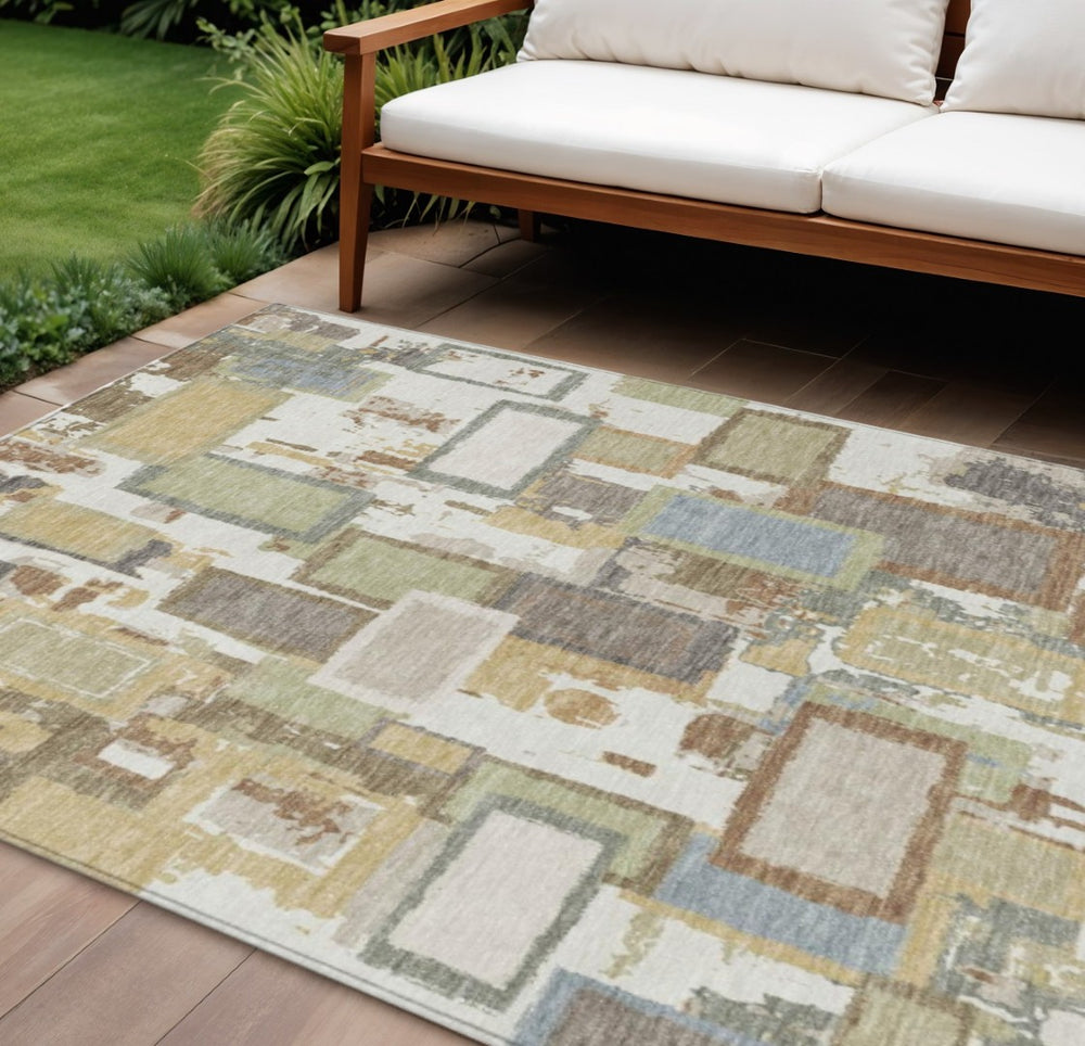 HomeRoots 8' X 10' Geometric Area Rug in Ivory, Gold, and Blue - Washable, Durable for Indoor/Outdoor Use 640115