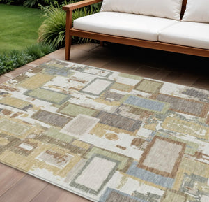 HomeRoots 9' Modern Geometric Ivory, Gold & Blue Washable Area Rug for Indoor/Outdoor Use - Stain-Resistant! 640116