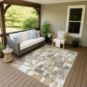 HomeRoots 9' Modern Geometric Ivory, Gold & Blue Washable Area Rug for Indoor/Outdoor Use - Stain-Resistant! 640116