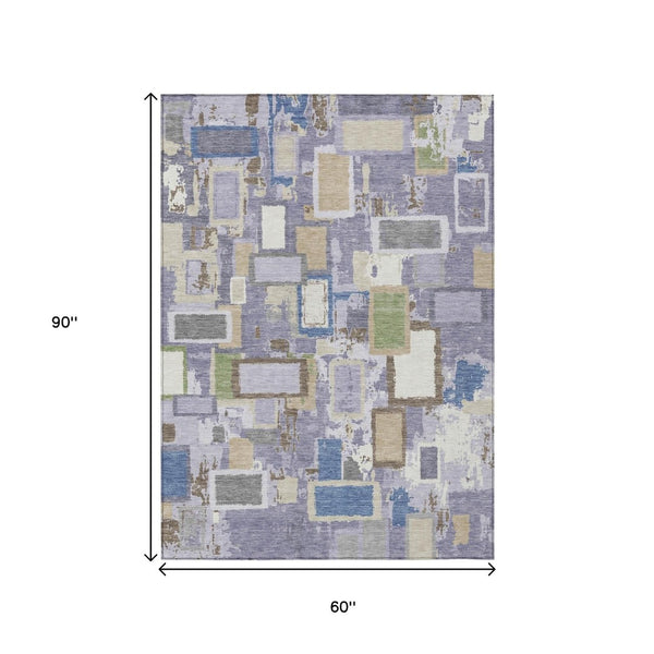 HomeRoots 5' Vibrant Purple, Tan & Ivory Geometric Washable Area Rug – Indoor/Outdoor, Durable & Stylish Design 640119