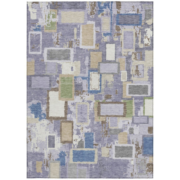 HomeRoots 5' Vibrant Purple, Tan & Ivory Geometric Washable Area Rug – Indoor/Outdoor, Durable & Stylish Design 640119