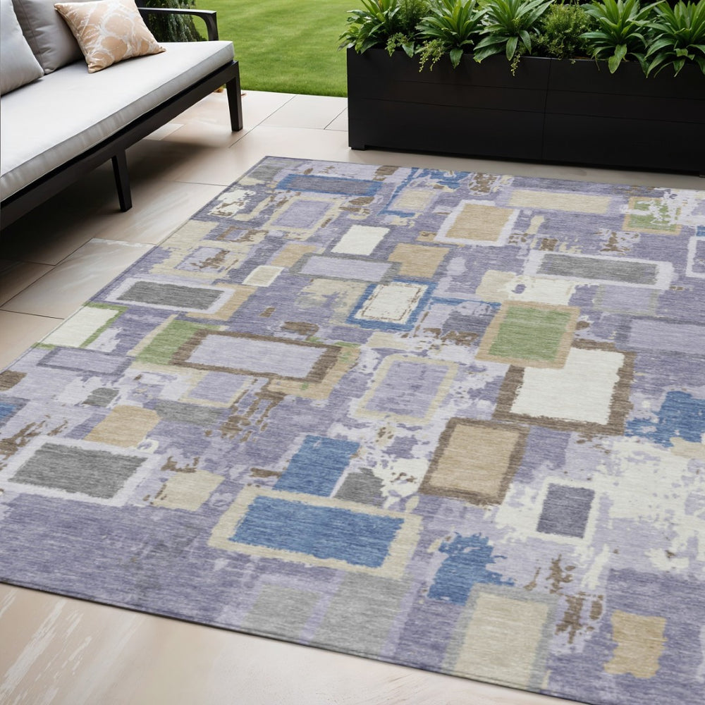 HomeRoots 5' Vibrant Purple, Tan & Ivory Geometric Washable Area Rug – Indoor/Outdoor, Durable & Stylish Design 640119