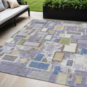 HomeRoots 5' Vibrant Purple, Tan & Ivory Geometric Washable Area Rug – Indoor/Outdoor, Durable & Stylish Design 640119