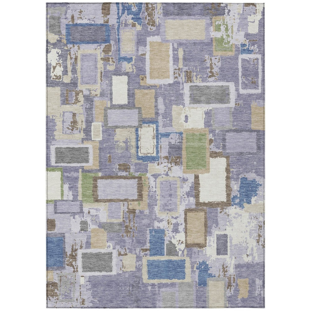 HomeRoots 5' Vibrant Purple, Tan & Ivory Geometric Washable Area Rug – Indoor/Outdoor, Durable & Stylish Design 640119
