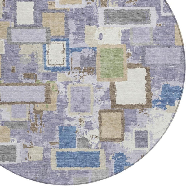 HomeRoots 8' Stylish Purple, Tan, and Ivory Geometric Washable Round Area Rug for Indoor & Outdoor Spaces 640120