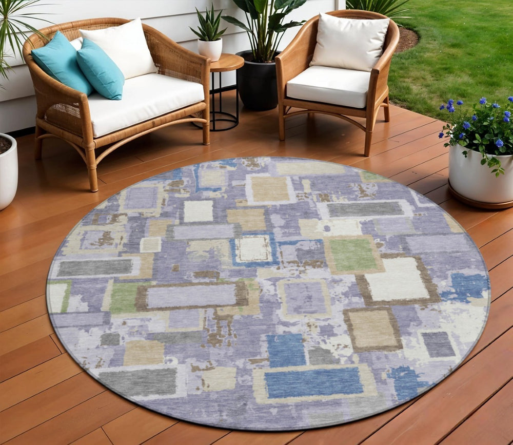 HomeRoots 8' Stylish Purple, Tan, and Ivory Geometric Washable Round Area Rug for Indoor & Outdoor Spaces 640120