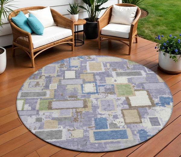 HomeRoots 8' Stylish Purple, Tan, and Ivory Geometric Washable Round Area Rug for Indoor & Outdoor Spaces 640120