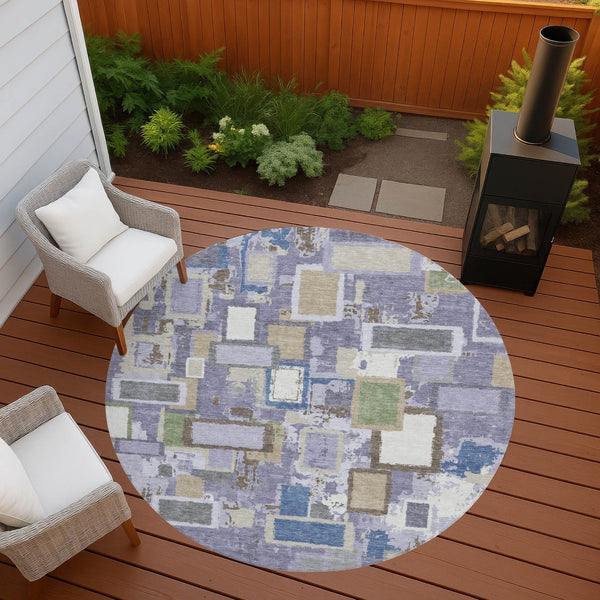 HomeRoots 8' Stylish Purple, Tan, and Ivory Geometric Washable Round Area Rug for Indoor & Outdoor Spaces 640120