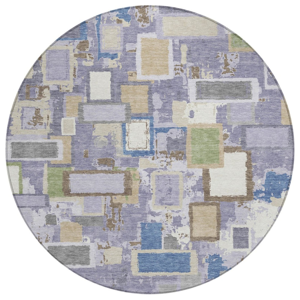 HomeRoots 8' Stylish Purple, Tan, and Ivory Geometric Washable Round Area Rug for Indoor & Outdoor Spaces 640120