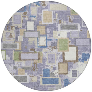 HomeRoots 8' Stylish Purple, Tan, and Ivory Geometric Washable Round Area Rug for Indoor & Outdoor Spaces 640120