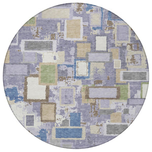 HomeRoots 8' Stylish Purple, Tan, and Ivory Geometric Washable Round Area Rug for Indoor & Outdoor Spaces 640120
