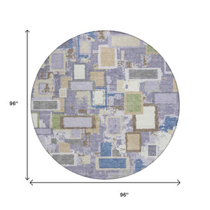 HomeRoots 8' Stylish Purple, Tan, and Ivory Geometric Washable Round Area Rug for Indoor & Outdoor Spaces 640120