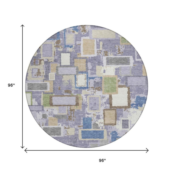 HomeRoots 8' Stylish Purple, Tan, and Ivory Geometric Washable Round Area Rug for Indoor & Outdoor Spaces 640120