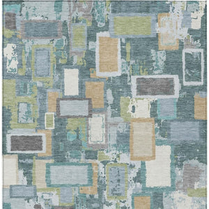 HomeRoots 5' Geometric Washable Area Rug in Teal, Blue, Green & Ivory - Durable, Stylish for Indoor & Outdoor Use 640125