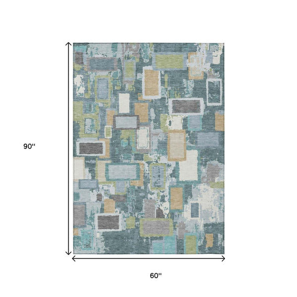 HomeRoots 5' Geometric Washable Area Rug in Teal, Blue, Green & Ivory - Durable, Stylish for Indoor & Outdoor Use 640125
