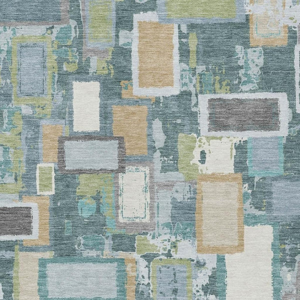 HomeRoots 5' Geometric Washable Area Rug in Teal, Blue, Green & Ivory - Durable, Stylish for Indoor & Outdoor Use 640125