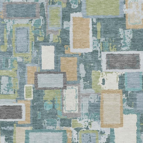 HomeRoots 5' Geometric Washable Area Rug in Teal, Blue, Green & Ivory - Durable, Stylish for Indoor & Outdoor Use 640125