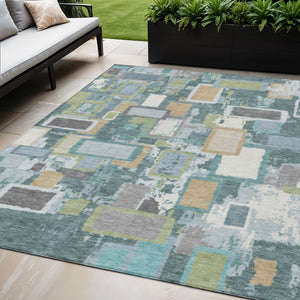 HomeRoots 5' Geometric Washable Area Rug in Teal, Blue, Green & Ivory - Durable, Stylish for Indoor & Outdoor Use 640125