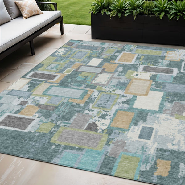 HomeRoots 5' Geometric Washable Area Rug in Teal, Blue, Green & Ivory - Durable, Stylish for Indoor & Outdoor Use 640125