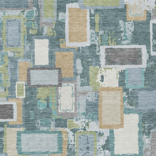 HomeRoots 5' Geometric Washable Area Rug in Teal, Blue, Green & Ivory - Durable, Stylish for Indoor & Outdoor Use 640125